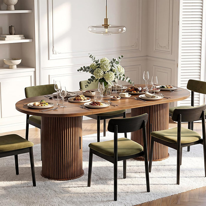 71” Oval Dining Table for 6-8 with Storage, Fluted Base, Walnut