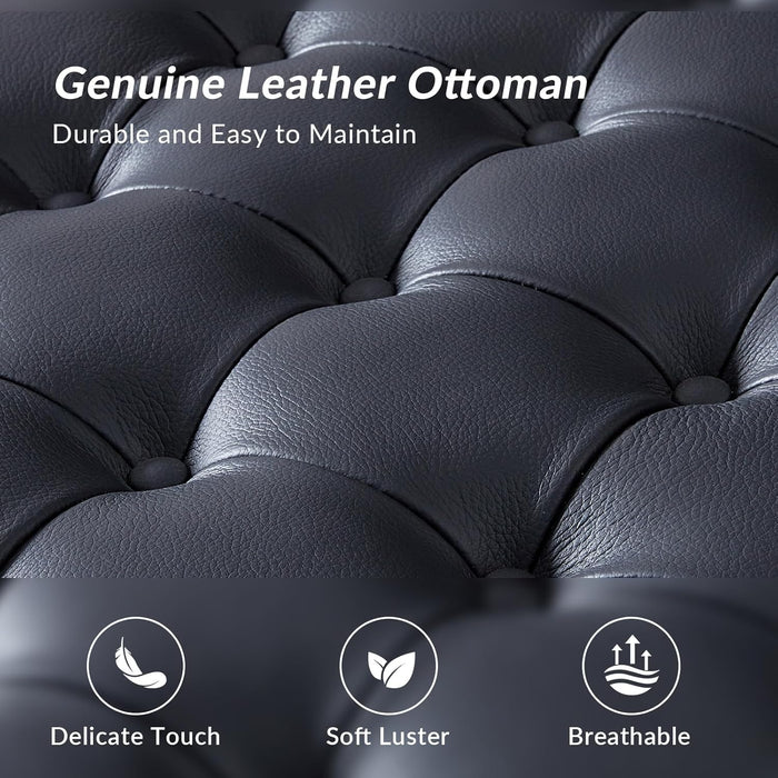 Genuine Leather Square Coffee Table, Button Tufted Upholstered Ottoman Coffee Table with Solid Wooden Flared Legs, Mid-Century Modern Extra Seating for Living Room, Navy