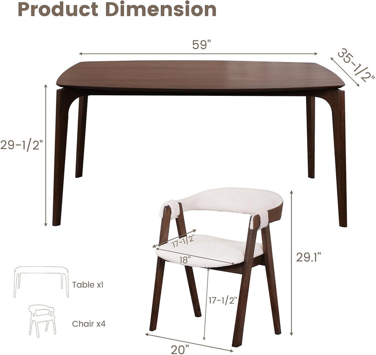 Dining Table Set for 4-6, Includes 1 Table & 4 Chairs, Walnut Veneer Top, Solid Wood Frame, Natural Wood Grain, Easy Assembly, Modern Design