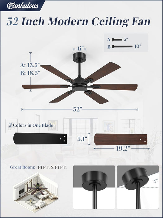 52 Inch Ceiling Fans No Light with Remote, Modern Ceiling Fan without Light, Dual Finish 6 Blades, Reversible Quiet DC Motor, 6 Speed, Large Ceiling Fan for Indoor or Covered Outdoor, Black