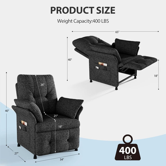 Power Recliner Chair for Adults with Heated & Massage, Adjustable Electric Reclining Chair Sofa with Armrest Pillow, Single Sofa with Side Pocket for Living Room, Linen, Dark Grey