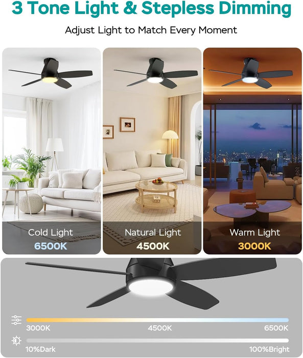Ceiling Fans with Lights, 42 Inch Ceiling Fans with Lights and Remote, Dimmable, Noiseless, Low Profile Ceiling Fan with Light for Bedroom, Indoor and Outdoor Use(Black)