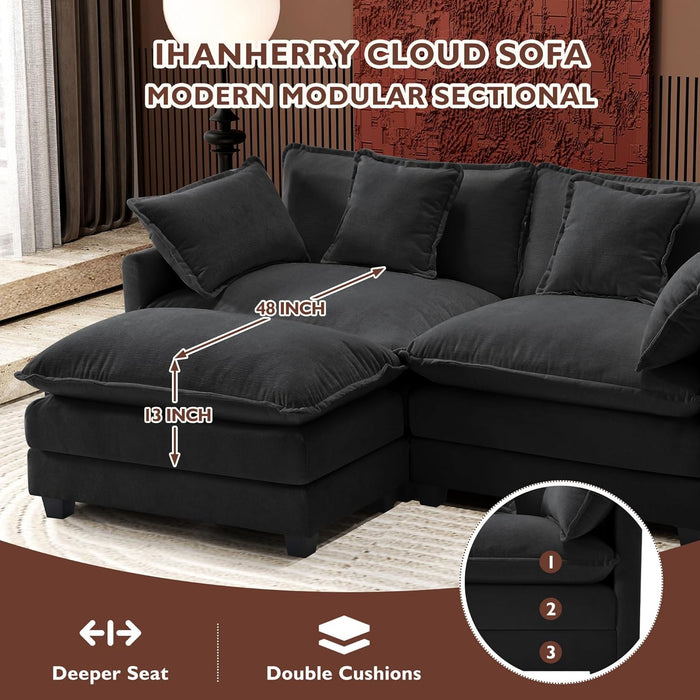 111.4-Inch L-Shaped Black High-Resilience-Deep-Seat Sectional Sofa