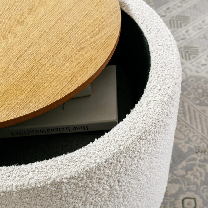 Round Ottoman with Storage, Boucle Ottoman Coffee Table with Wooden Lid, Storage Footrest Stool for Bedroom, Upholstered Vantity Stool for Living Room, White
