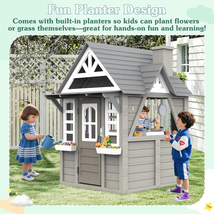 Kids Outdoor Cedar Playhouse, Weather-Resistant Gray Wooden Play House for Ages 3–8 with Play Kitchen, Working Doorbell, Toy Phone & Flowerpots — Durable Backyard Gift for Creative & Social Play