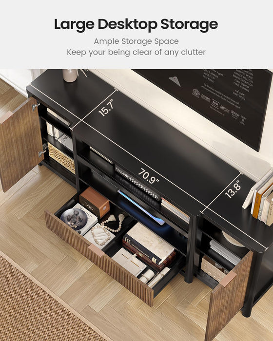 Fluted TV Stand for Living Room, 71” Heavy-Duty TV Console Cabinet with Storage and Shelf, Mid Century Modern Television Stands with Drawers for 60/65/70/75/80 TV, Black