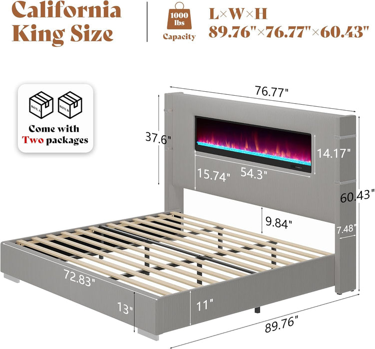 Modern California King Size Bed Frame with Fireplace, Corduroy Upholstered Bed Frame with 60.4“ Extra Tall Headboard, Wingback Platform Bed Frame Wooden Slats/No Box Spring Needed, Greige