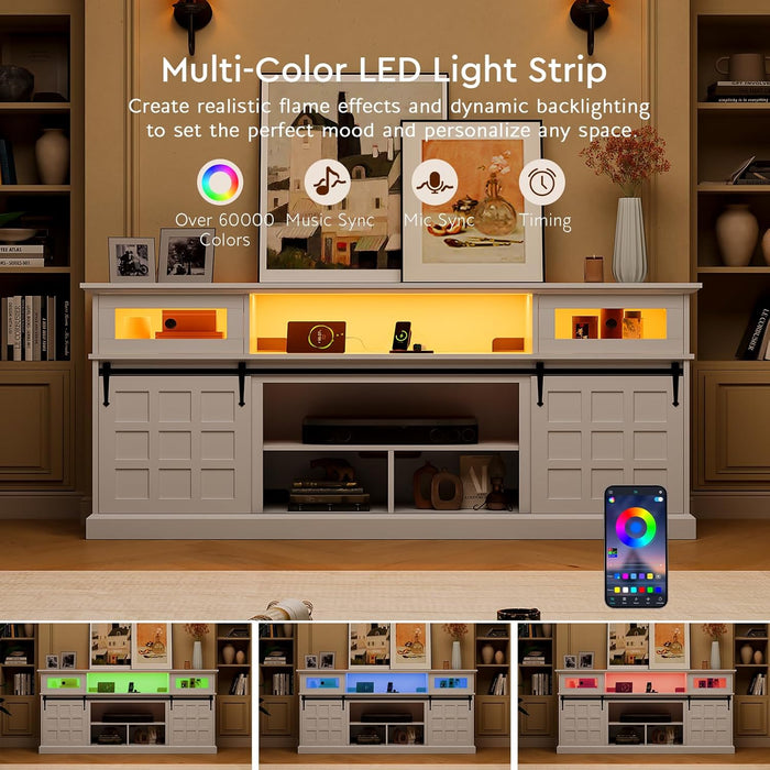 70" LED TV Stand for Living Room, 33.5'' Tall Entertainment Center with Outlets for 80'' TV, Farmhouse Wood Media Console with Flip Drawers/Sliding Barn Doors, Modern White