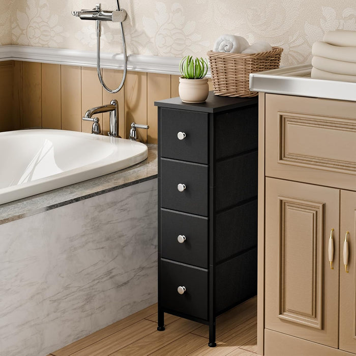 Narrow Storage Cabinet, Small Dresser with 4 Drawers, Slim Fabric Dresser Storage for Small Spaces, Black Dresser Nightstand Side Table for Bedroom, Bathroom, Laundry, Closet, Dorm