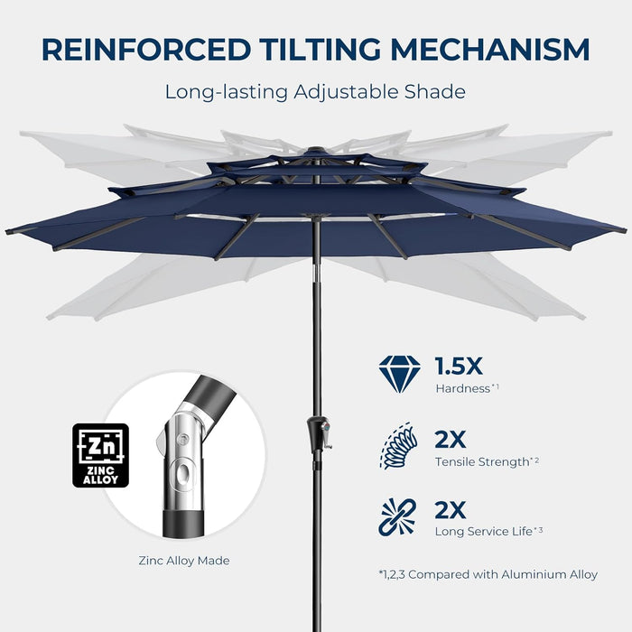 9FT 3-Tiers Outdoor Patio Umbrella with 5-Year Fade Resistant,Vented Outdoor Commercial Market Umbrella with UPF50+ UV Protection & Push Button Tilt and Crank for Pool,Backyard(Navy Blue)