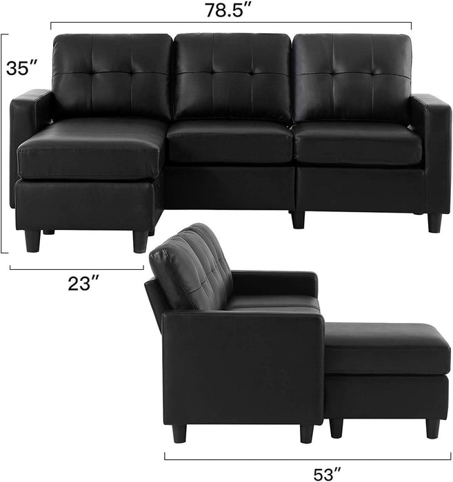 Faux Leather Sectional Sofa Convertible L Shape Couch for Small Space, Black