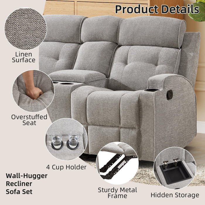 CAMMOV 67" Manual Loveseat Recliner Sofa, Wall-Hugger 2 Seat Reclining Loveseat Couches with 2 Concealed Cup Holders, Hidden Storage, Chenille Fabric Reclinable Sofa for Living Room, Light Grey