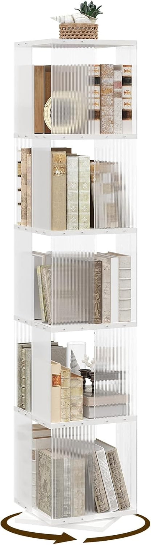 5-Tier Rotating Bookshelf With Clear Acrylic Panels