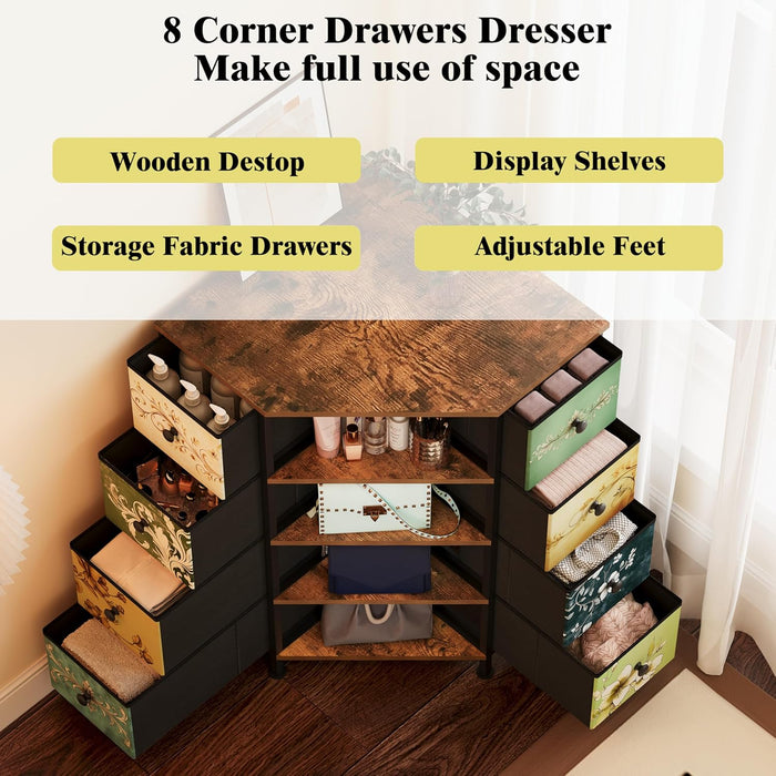 8 Drawers Corner Dresser with Storage Fabric Drawers and Open Shelves for Small Space，Bedroom，Entryway，Living Room (Retro Pattern)