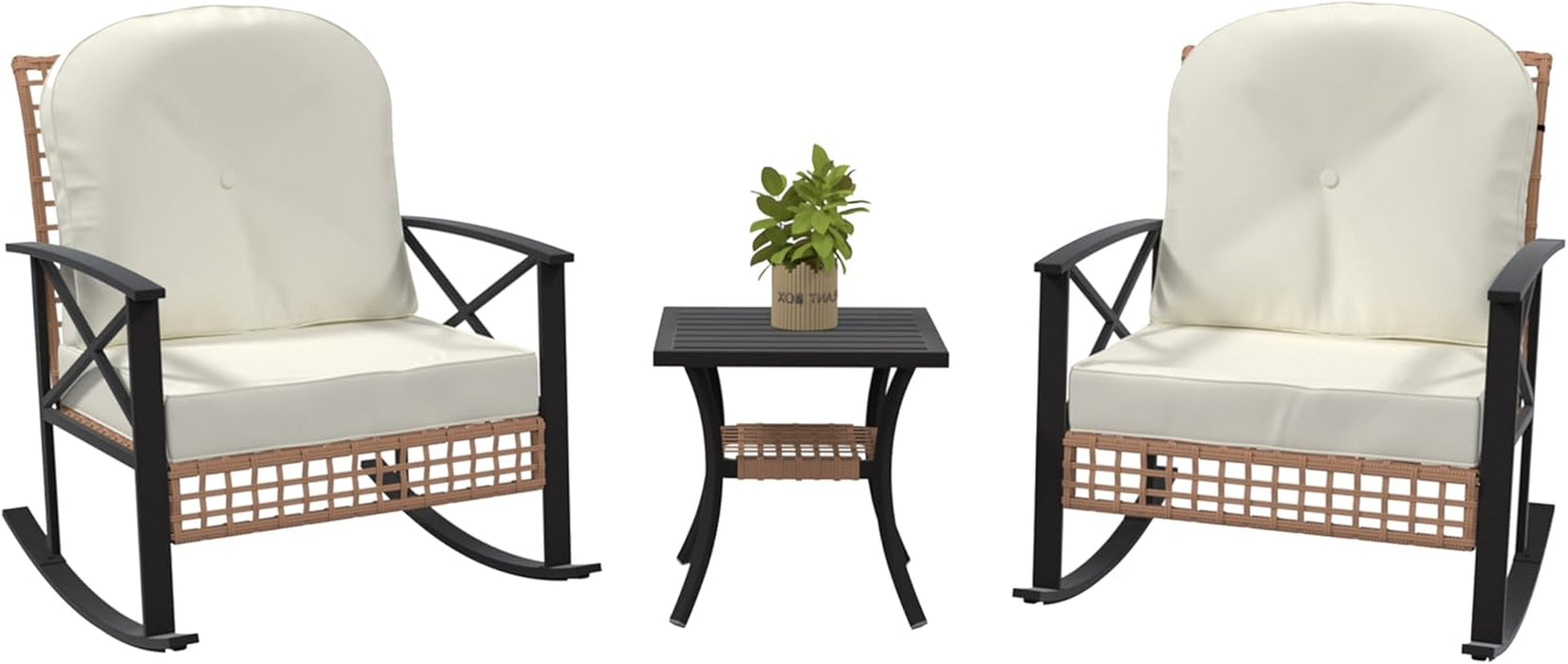 Patio Furniture Set 3 Piece, Rattan Rocking Bistro Table and Chairs Set of 2, Wicker Outdoor Indoor Conversation Set with Soft Thick Cushions and 2-Tier Coffee Table for Balcony, Lawn, Backyard
