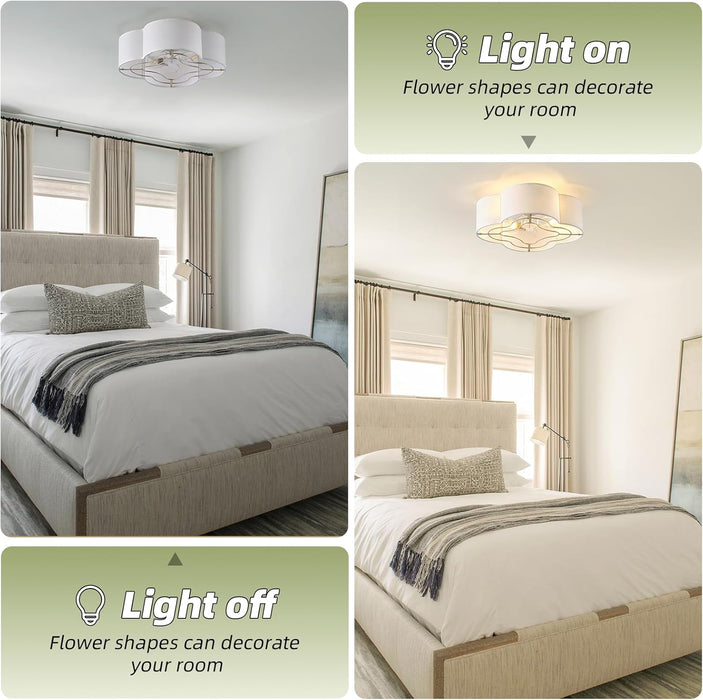 Caged Ceiling Fan with Light, Rattan Flush Mount Ceiling Fans with Lights Remote Control, Low Profile Fabric Enclosed with 6 Speeds for Bedroom, Living Room, Foyer, Nursery (White)