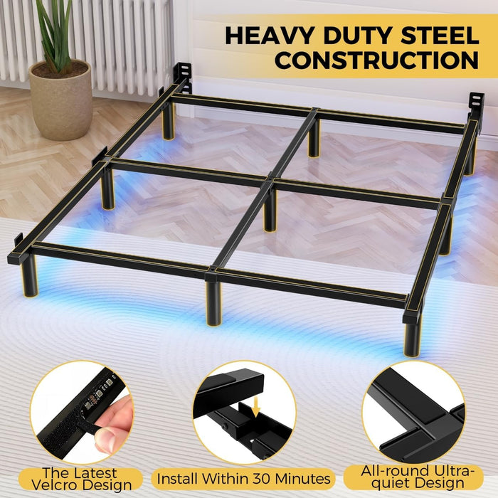 Full Bed Frame with LED Lights, 7 Inch Heavy Duty Metal Base for Box Spring