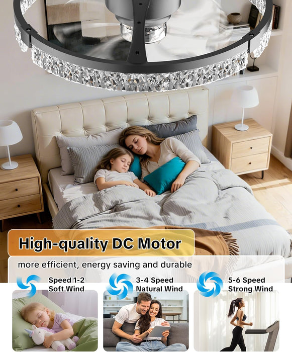 20" Low Profile Ceiling Fan with Light and Remote, Dimmable LED Flush Mount Ceiling Fan, 6 Speeds, White Modern Design for Bedroom/Living Room （Black-Crystal）