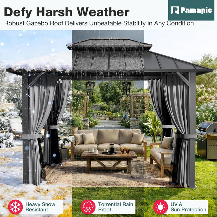 10X12Ft Hardtop Gazebo,Galvanized Steel Double Roof with Aluminum Frame,Outdoor Permanent Pavilion with Breathable Netting & Privacy Curtain for Patio,Backyard,Deck,Lawn,Gray