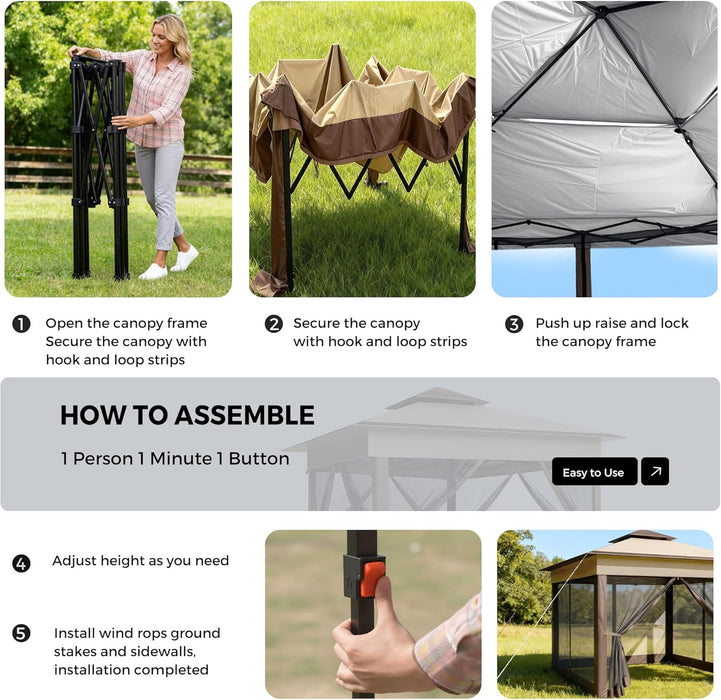 11X11 Pop up Gazebo Tent with Netting,Outdoor Canopy Shelter Easy Setup with Upgrade Wheeled Storage Bag,3 Height Positions& Water-Resistant for Family Patio & Garden Use (Khaki)