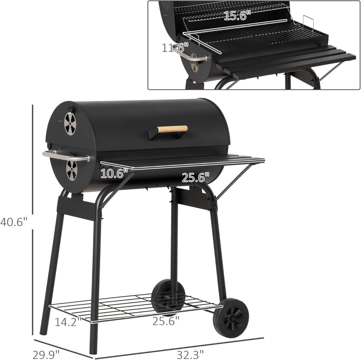 30" Portable Barrel Charcoal BBQ Grill, Steel Outdoor Barbecue Smoker with 370 Square Inches Cooking Space, Storage Shelf, Wheels for Garden Camping Picnic, Black