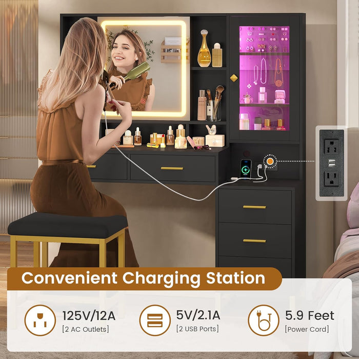 Makeup Vanity with Upholstered Stool & Charging Station, Vanity Desk with Mirror and Lights & Jewelry Storage, Vanity Table Set with RGB Lights & 5 Drawers & Shelves, Black & Gold