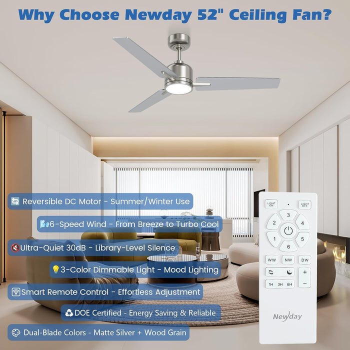 52 Inch Ceiling Fans with Lights and Remote, Brushed Nickel Ceiling Fan, 6 Speed Reversible, 3CCT, Dimmable, Noiseless, 3 Blades, Quiet DC Motor, Silver Ceiling Fan for Bedroom, Indoor and Outdoor