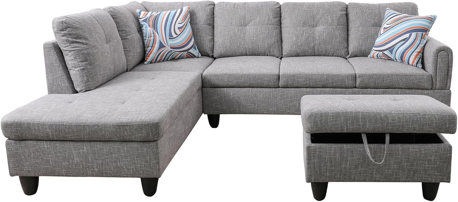 3-Piece Flannel Sectional Sofa Set with Left Facing Chaise and Storage Ottoman, Pillow, L-Shaped Couch for Living Room, Office, Apartment, Grey