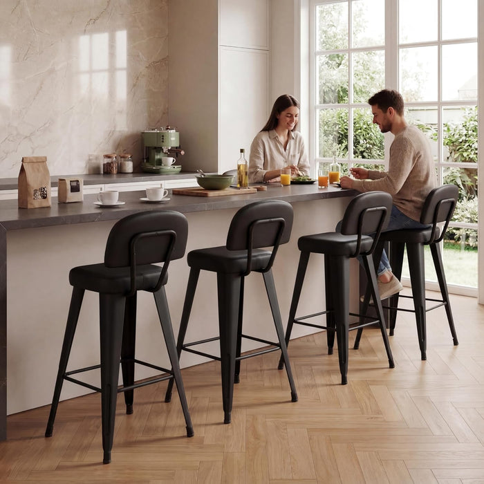 24" Bar Stools Set of 4, Black Faux Leather Barstools with Back