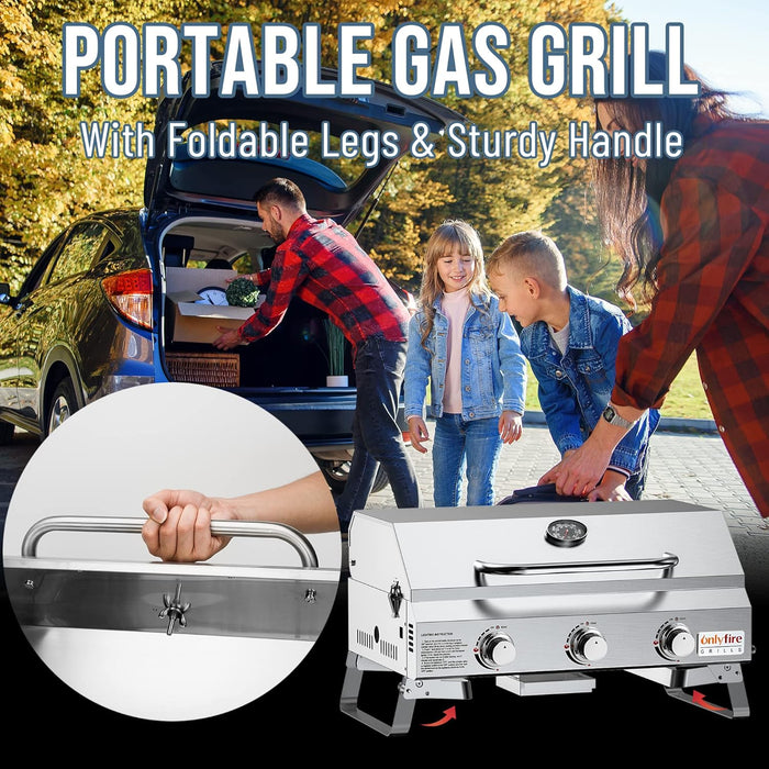 Tabletop Gas Grill 3 Burners, Portable Propane BBQ Grill with Foldable Legs for Outdoor Barbecue Patio Backyard Camping, Tailgating, RV Trip, Heavy Duty & 24000BTU, GS307