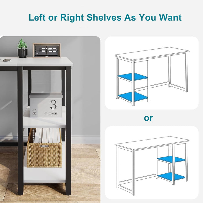 Computer Desk 40 Inches with 2-Tier Shelves Sturdy Home Office Desk with Large Storage Space Modern Gaming Desk Study Writing Laptop Table, White Desk