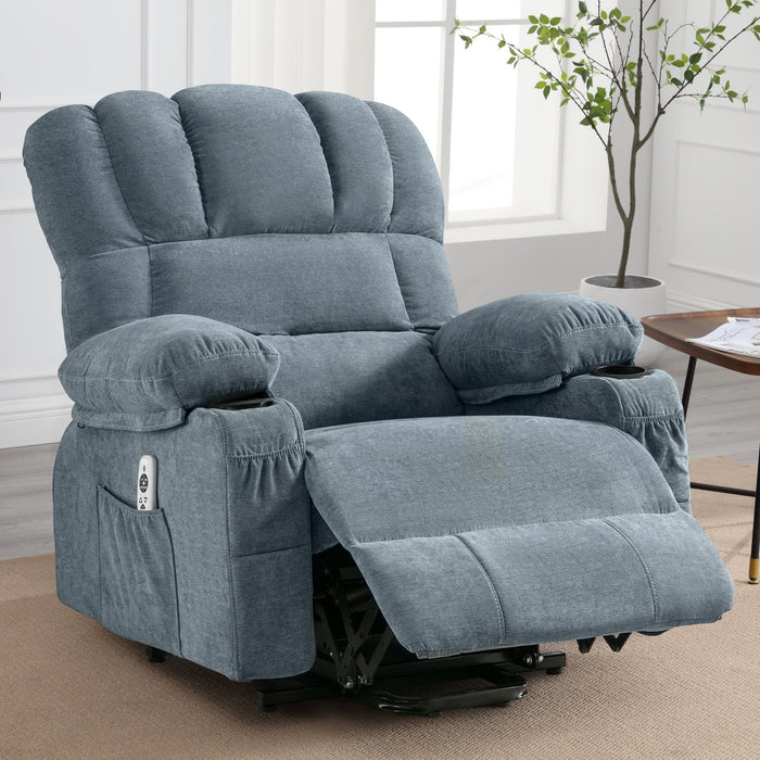 Power Lift Recliner Chair for Elderly, Electric Recliners with Heat and Massage, USB Charge Port, Cup Holders, Infinite Position and Side Pockets, Fabric Single Sofa for Living Room, Blue