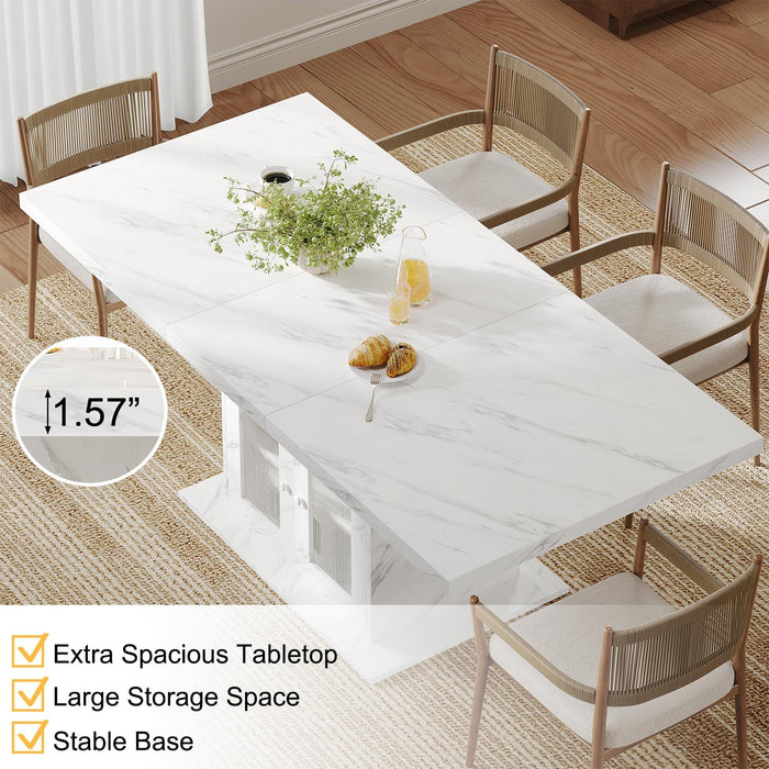 63" Modern White Faux Marble Dining Table for 6 with Storage Cabinet | Rectangular Kitchen Dinner Table with 3-Tier Shelves and an Acrylic Door, Seats 4-6,Table Only for Dining Room and Apartment