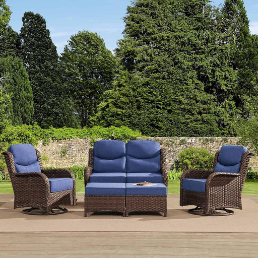 Luxury Outdoor Loveseat with Swivel Rocker Chairs and Ottomans, 5-Pieces High Back Patio Furniture Set with 6'' Thick Cushions, Ideal for Porch, Poolside, Deck, and Yard (Blue)