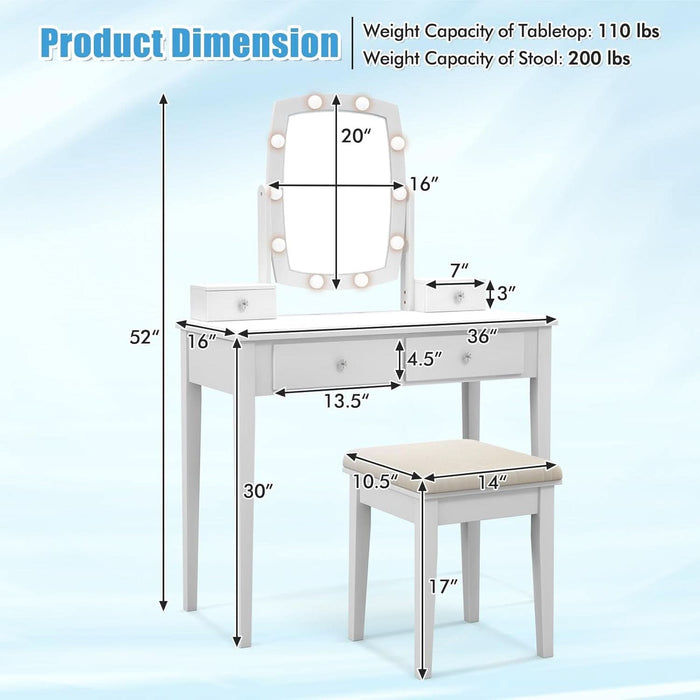 Vanity Desk with Mirror and Lights, Makeup Vanity Table with Swivel Mirror, 3-Color Dimmable LED Lights, 4 Drawers, Girls Bedroom Makeup Dressing Table with Stool (White)