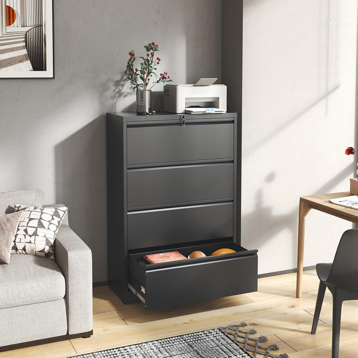 4 Drawer Lateral File Cabinet with Lock, Heavy Duty Wide Steel Filing Cabinet for Home Office, 36" W Horizontal Storage Cabinet for Letter/Legal/A4/F4 Hanging Files, Easy Assembly (Black)