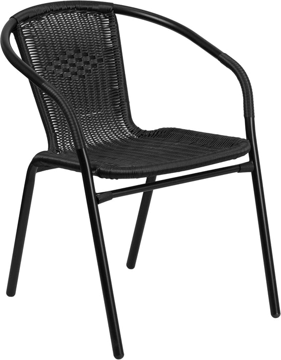 5-Piece 28" Square Indoor/Outdoor Patio Table and Chairs Set, Dining Set with Glass Metal Bistro Table, 4 Stack Rattan Chairs, Black