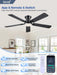 Ceiling Fans with Lights, 52'' Low Profile Ceiling Fan with Light and Remote/App Control, Dimmable, Qiuet DC Motor, Flush Mount Ceiling Fan for Indoor Bedroom Living Room, Black