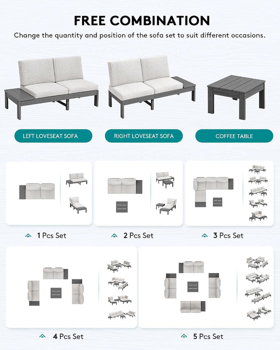 HDPE Outdoor Furniture Set, 4 Seats Outdoor Sectional with Coffee Table, All-Weather Patio Sofa Set, Patio Conversation Sets with Adjustable Backrest Sofa for Garden, Backyard, Grey with Beige