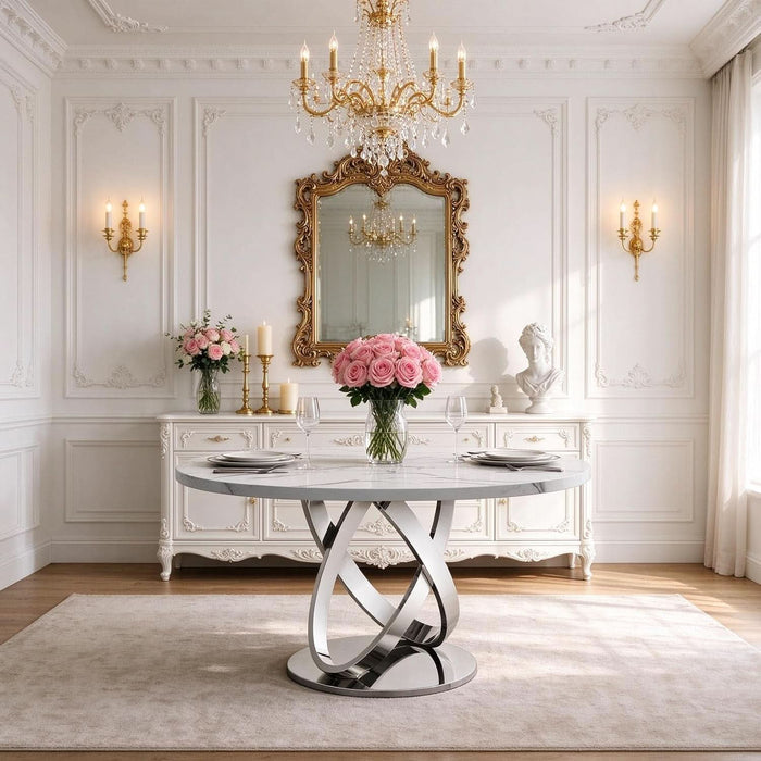 47.24" round Faux Marble Dining Table for 6 W/Stainless Steel Leg
