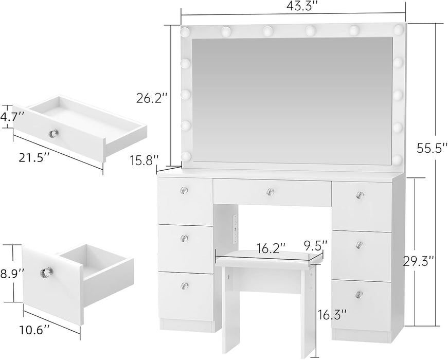Vanity with Lighted Mirror - Makeup Vanity Desk with Power Outlet and 7 Drawers, 3 Color Lighting Modes Adjustable Brightness, 44" Vanity Table with Soft Cushioned Stool for Women Girls, White
