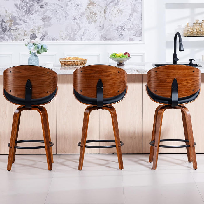 Bar Stools Set of 3, 26 Inch Leather Upholstered Counter Height Bar Stools with Curved Seat and Backrest, 360° Swivel Walnut Wood Barstools for Kitchen Island, Bar, Cafe, Black