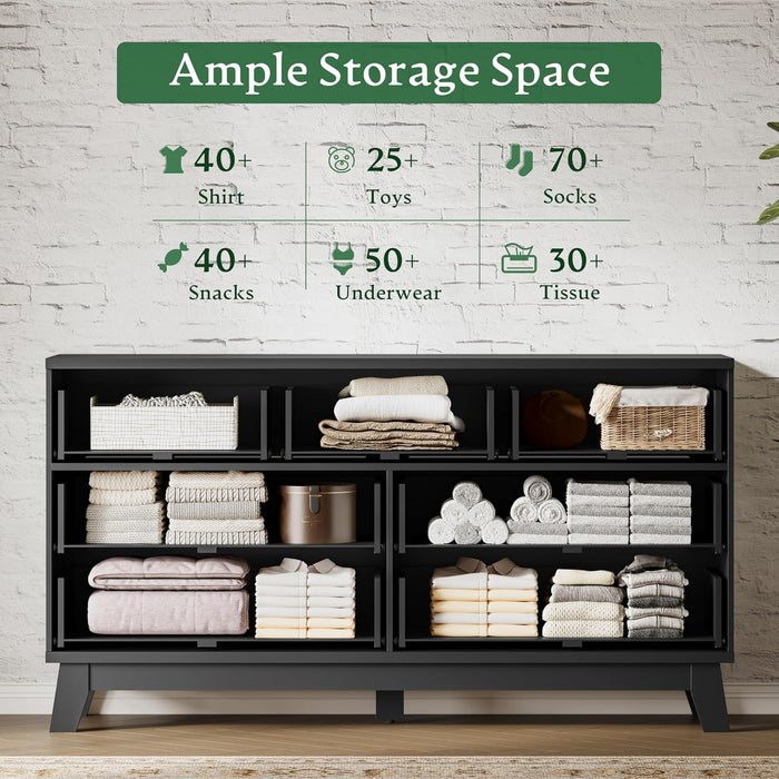 Fluted Dresser with 7 Drawers, 58" Wide Wood Chest of Drawers with Metal Handle, Wooden Dresser TV Stand, Modern Closet Clothes Storage Organizer for Bedroom, Living Room, Hallway, Solid Black