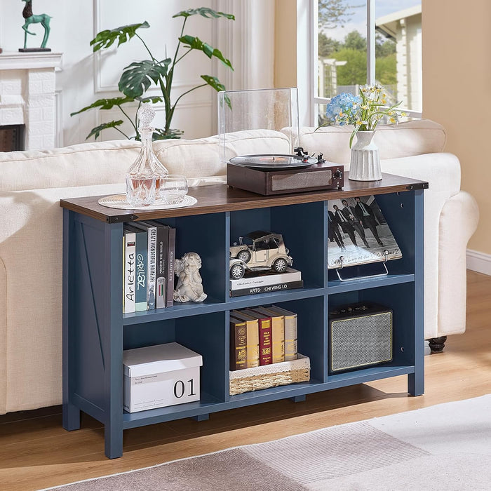 6 Cube Bookcase, Farmhouse Wood Low Storage Organizer Book Shelf, 47" Horizontal Navy Blue Console Bookshelf with Legs, Hallway Book Case for Entryway, Display Cabinet for Living Room, Office