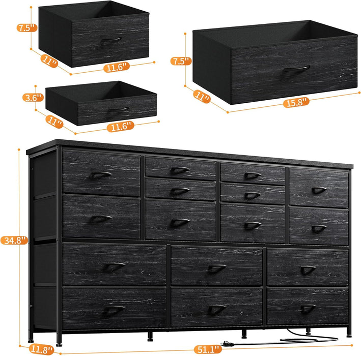16 Drawer TV Stand Black Dresser 51"W for 60" TV – Long Dresser with 3 Power Outlets & 2 Ports, 374 LBS Load-Bearing Capacity, Space Saving Entertainment Center for Small Bedroom, Dorm, Living Room