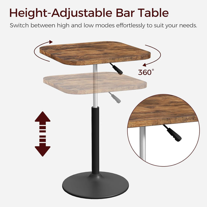 Bar Table, Height-Adjustable Pub Table 26.8-36.2 Inches, Cocktail Tables with Base, Counter Height Table for Small Space, Easy to Assemble, Rustic Brown and Black BTHR5501