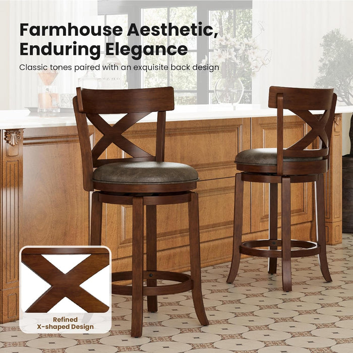 26 Inch Swivel Bar Stools Set of 3, Counter Height Bar Stools | Wooden Bar Stools, Faux Leather Kitchen Stools, Counter Height Chairs with Solid Wood Legs & Wrap-Around Footrest