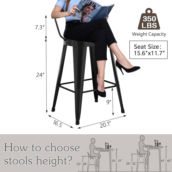 24Inch Outdoor Metal Bar Stools Set of 4 Patio Stool Counter Height Barstools Large Seat Industrial Counter Stool Kitchen Bar Chairs Indoor-Low Back, Black