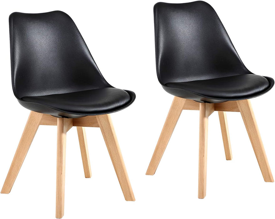 Set of 2 Modern Style Chair Dining Chairs, Shell Lounge Plastic Chair with Natural Wood Legs (Black)