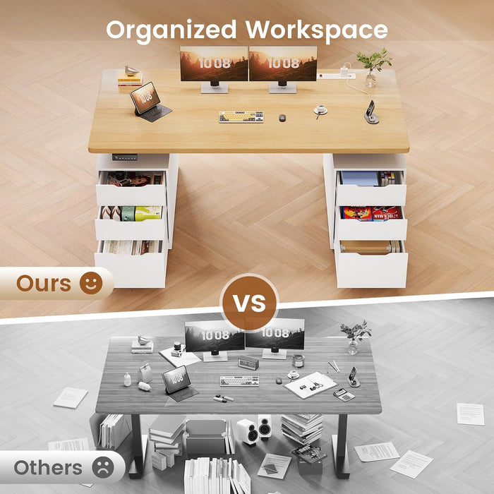 Electric Standing Desk with 6 Drawers, 55" Adjustable Stand up Desk with Storage, Computer Desks with Power Outlets for Home Office, White + Oak
